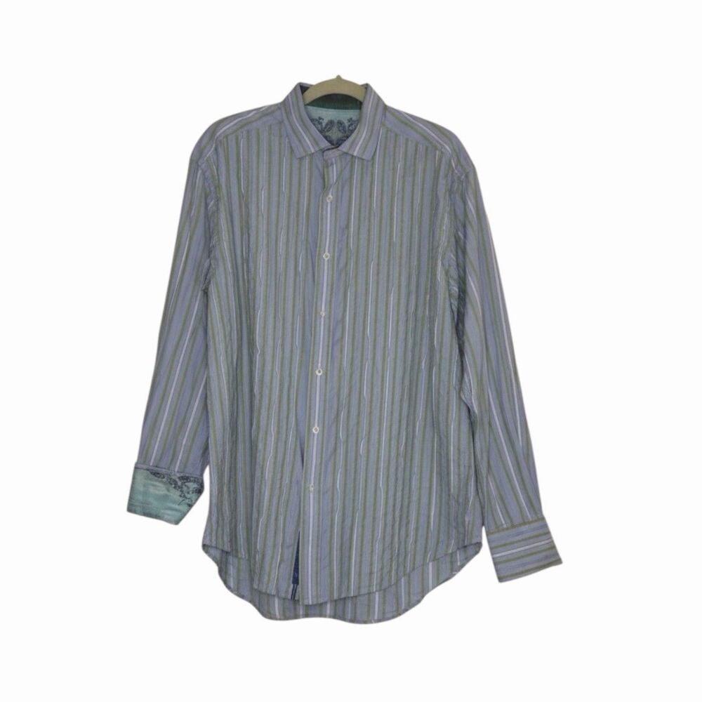 Robert Graham Mens Button Front Shirt Top Paisley Stripe Blue XL